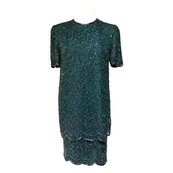 Vintage 90s NWT Beaded Sequin Soutache Cocktail Dress Emerald Green Size S/M - Picture 1 of 12